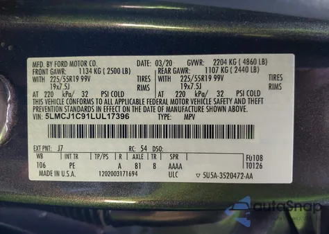 2020 Lincoln Corsair Standard from USA, damaged, VIN 5LMCJ1C91LUL17396